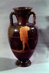Lofts rødfigur amfora som viser Euphorbos og spedbarnet Oedipus, fra Vulci, ca. 450 f.Kr. (keramikk)
